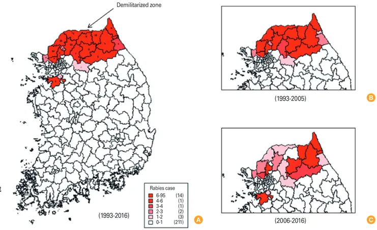 Fig. 6. (A) Distribution of animal rabies cases in South Korea from 1993 to 2016. The regions of occurrence are colored, for the periods 1993- 1993-2005 (B) and 2006-2016 (C)