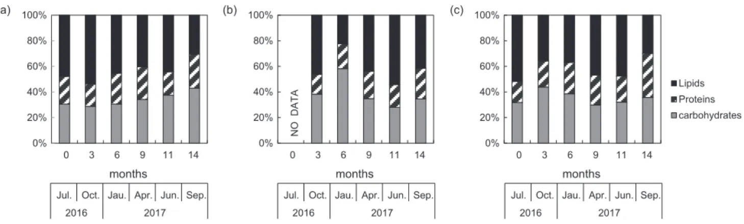 Fig. 8. Biochemical compositions in the surface sediments at (a) St.S, (b) St.E, and (c) St.C (X-axis: months means the elapsed time).