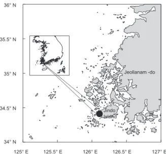 Fig. 1. Sampling station (a black circle) for the study in the coastal  waters of Jindo, Korea.