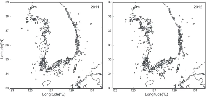 Fig. 2. Proportions of bycatch cetaceans by areas from 2011 to 2012.