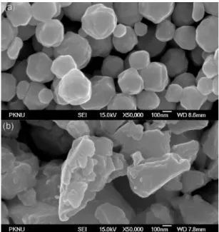 Fig.  10  Microscopic  images  of  (a)  silver  particles,  and  (b) glass frit  영역  내부에는  충분한  양의  글라스  프릿이  존재하 고  있으며,  소성  온도가  글라스  프릿의  연화점  이 상으로  올라갈  경우  글라스  프릿이  실리콘  나이트 라이드층으로  유동하여  에칭을  수행한다