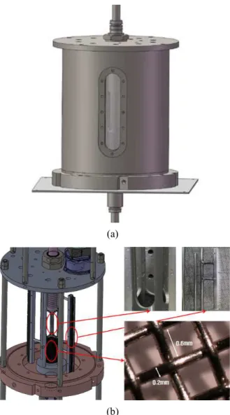 Fig.  2  (a)  Exterior  view  of  main  reactor,  (b)  Scraper,  main  hole  of  the  connection  pipe,  and  metallic  mesh  (0.6mm)  in  the  reactor