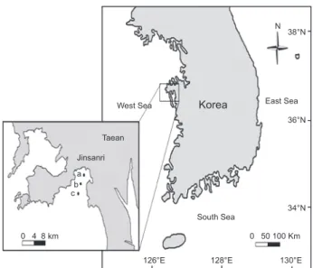 Fig. 1. A map showing the study area at Jinsanri, Taean, Korea.a: 