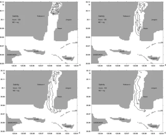 Fig. 9. Low salinity distributions from 5 hours after high tides with river discharge