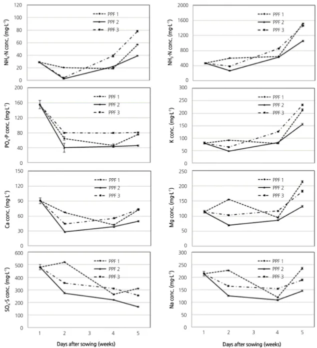 Fig. 3. Changes in macro-nutrient concentrations of root media during the growth of ‘Nokkwang’ hot pepper seedlings in  72-cell plug trays as influenced by two kinds of root media and three post-planting fertilization programs (PPF)