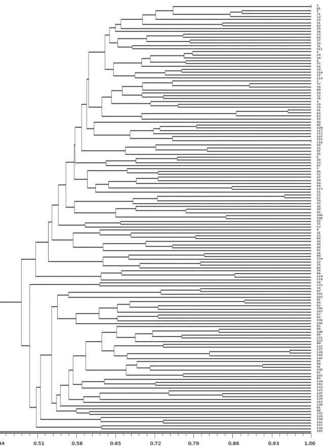 Fig. 2. Cluster dendrogram of the 147 chrysanthemum varieties using 14 simple sequence repeat markers