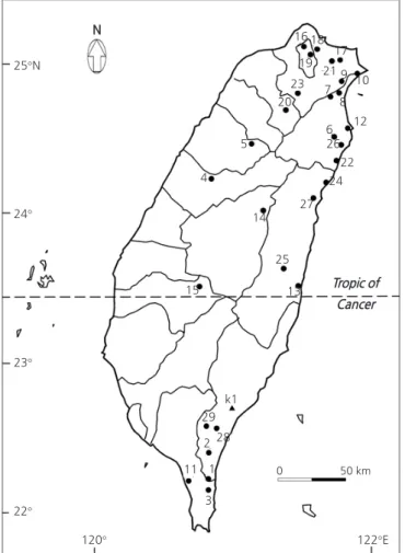 Fig. 1. Map indicating the collection sites of 102  Camellia brevistyla samples from population 1–29 (labeled with circles) and  three samples of C