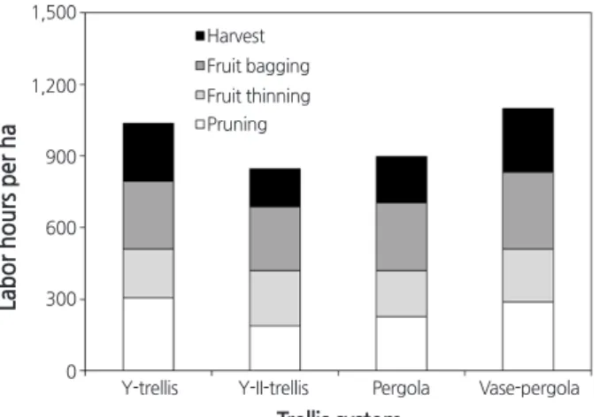 Fig. 7. Estimated fruit production income from ‘Manpungbae’ pear trees trained to four trellis systems in 2008 (year 8)