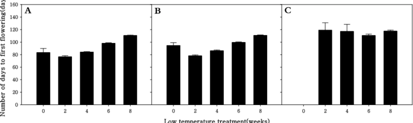 Fig 1. Effect of periods low temperature treatment on the number of days to flowering in  R