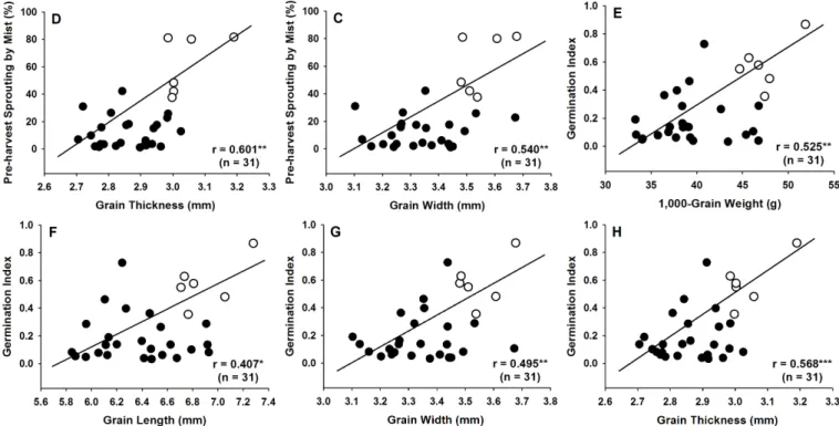 Fig. 3. Relationship between 1,000-grain weight (A), grain length (B), grain width (C), grain thickness (D) and pre-harvest sprouting  percentage induced by mist, and 1,000-grain weight (E), grain length (F), grain width (G), grain thickness (H) and germin
