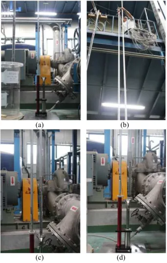 Fig.  9  Disassembly  experiment  in  the  engineering  facility (a) Set up of the disassembly tool (b) Lift  a  test  rig  to  put  into  the  disassembly  tool  (c)  Disassemble  the  test  rig  from  the   instrumented fuel rod assembly (d) Eject the  n