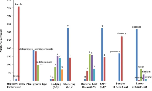 Fig. 1.   Distribution  of  469  black  soybean  germplasms  with  green  cotyledons  including  two  checks  (Cheongja  3,  and  Cheongja)  according to  intrinsic  characteristics  (hypocotyl  color,  flower  color,  plant  hab it,  powder  and  luster  