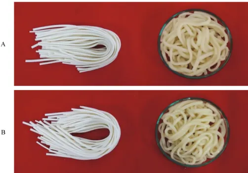 Fig. 2. Noodle dough sheet and cooked noodles from Mirae noodle machine (A) and Othake noodle machine(B) with  commercial flour for noodles.