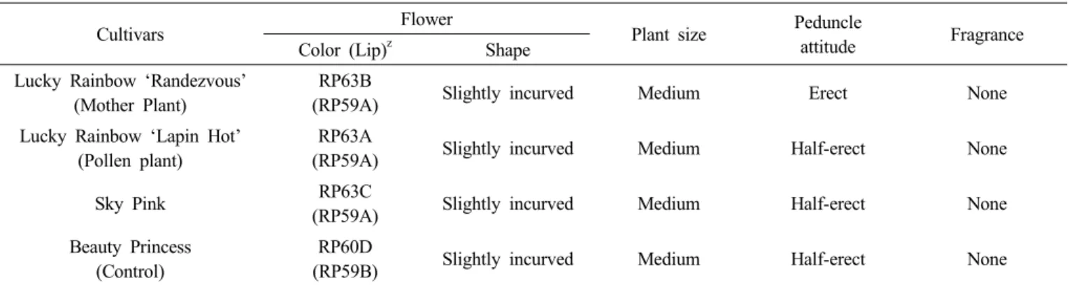 Table 1. Morphological and fragrant characteristics of a new Cymbidium cultivar, ‘Sky Pink’.