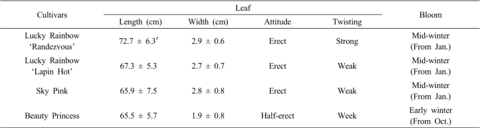 Table 3. Characteristics of leaf, date of fully opened bloom, and ploidy level of a new Cymbidium  cultivar, ‘Sky Pink’.