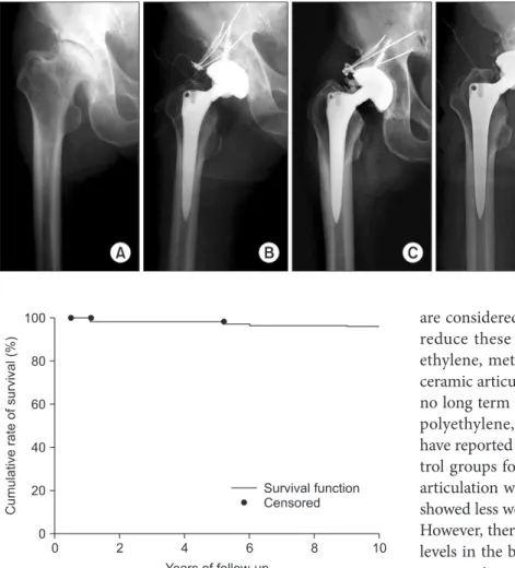 Fig. 2. The Kaplan-Meier survival rate of prostheses was 98.1% at  postoperative 7.8 years (95% confidence interval).