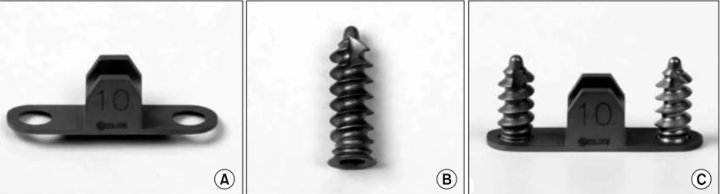Fig. 6. Aescula open wedge plate system (A) Plate, (B) Screw, (C) Plate and screw.를 등록하였다