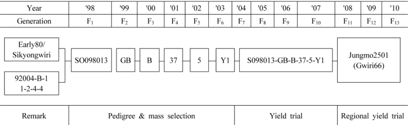 Fig. 1. Pedigree diagram of oat cultivar ‘Jungmo2501’. 강우로 인해 적기 파종이 어렵고, 4월 중순경의 급격한 온도  상승으로 인한 조기 출수로 충분한 생육이 이루어지지 않기  때문에 수량이 적다