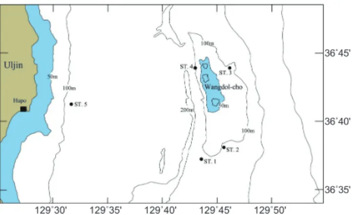Fig. 1. Map showing sampling stations of G. stelleri eggs and lar- lar-vae off Wangdol-cho, East Sea.