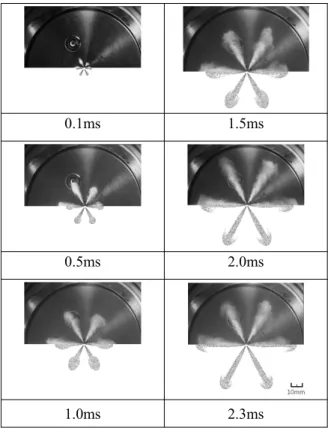 Fig. 4 A Comparisons between experiment(upper) and simulation(lower) of the DME spray (P inj =35MPa, P amb =5MPa)