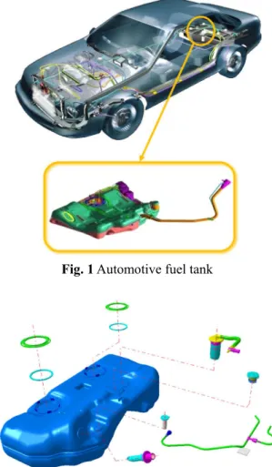 Fig. 2 Assembly component of automotive fuel tank  밸브(Fill  Limit  Vent  Valve,  FLVV)와  롤오버  밸브 (Rollover  Valve,  ROV)  그리고  베이퍼  튜브(Vapor  Tube)등이  본체에  조립되는데,  이러한  밸브들이  실제  연료  넘침의  주  원인되고  있다