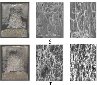 Fig. 7 Optical and SEM images of fracture surface  in Ti-alloy specimen under (a) impact and  (b) quasi-static loading conditions