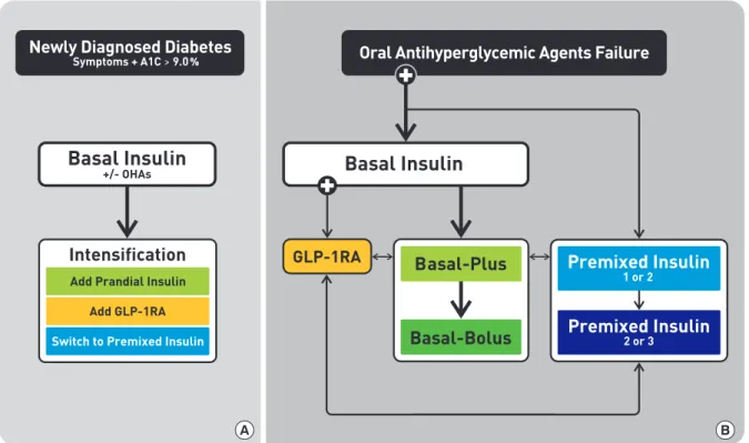 Fig. 2. Treatment algorithm for insulin therapy. (A) Initiation of insulin treatment. If the initial glycosylated hemoglobin (A1C)  level is >9.0% and symptomatic hyperglycemia or metabolic decompensation is present, insulin therapy can be initiated wit