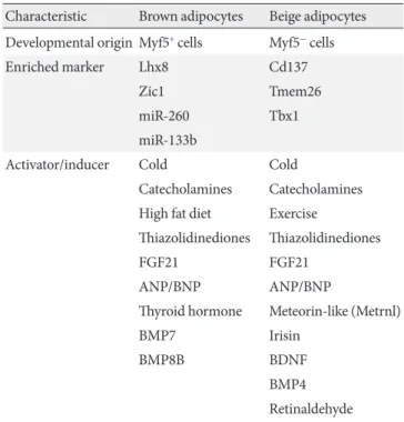 Table 1. Characteristics of brown and beige adipocytes Characteristic Brown adipocytes Beige adipocytes Developmental origin Myf5 +  cells Myf5 -  cells