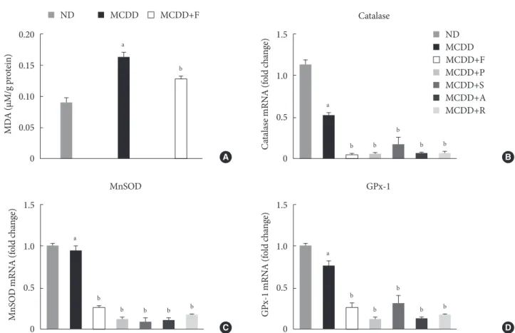 Fig. 5. Changes in hepatic lipid peroxidation and gene expression levels of several anti-oxidative enzymes