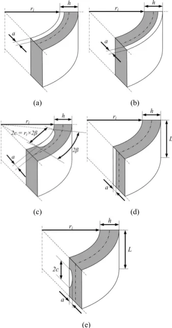 Fig.  1  Schematic  geometries  of  cracks;  (a)CDAI  (b)CDAE, (c) CDSI, (d) LDII, (e) LDSI 