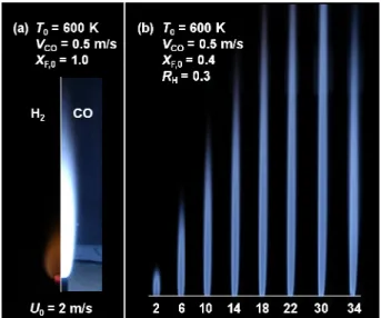 Fig.  1  Direct  photographs  of  nozzle  attached  flame  for  pure CO/H 2  (a) and their mixture (b) 