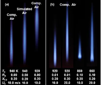 Fig. 2 Direct photographs of autoignited lifted flame for  R H  = 0 with the variation between compressed air  and  synthetic  air  (a)  and  R H   =  0.01  with  the  variation of T 0  and U 0  (b)  화된  부상화염의  부상높이에  대하여  그  영향이  상 대적으로  크게  나타났다
