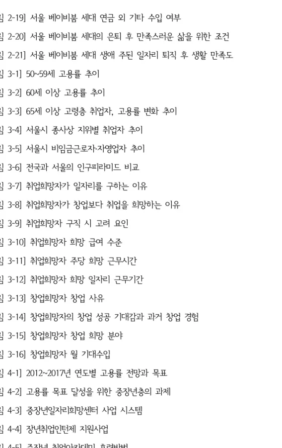 그림  서울  베이비붐  세대  연금  외  기타  수입  여부[2-19]  32 그림  서울  베이비붐  세대의  은퇴  후  만족스러운  삶을  위한  조건[2-20]  33 그림  서울  베이비붐  세대  생애  주된  일자리  퇴직  후  생활  만족도[2-21]  34 그림  세  고용률  추이[3-1]  50~59 37 그림  세  이상  고용률  추이[3-2]  60 37 그림  세  이상  고령층  취업자 고용률  변화  추이[3-3]  6