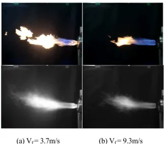 Fig. 3 Flame image with variation of 1st and 2nd air  부상(liftoff)되거나  블로우아웃(Blowout)되며  화염의  끝단이  가시화  영역  이상으로  상승하였다