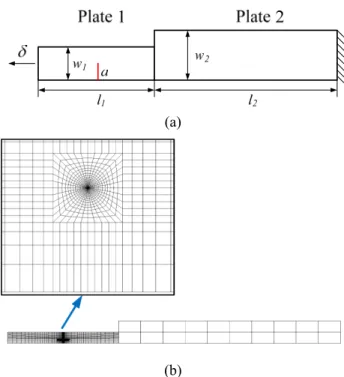 Fig.  3  (a)  Geometries  of  cracked  two-bar  considered  in  this  work,  and  (b)  a  typical  finite  element  mesh  for cracked two-bar 