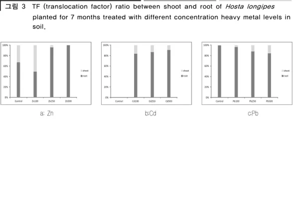 그림 3  TF (translocation factor) ratio between shoot and root of  Hosta longipes planted for 7 months treated with different concentration heavy metal levels in soil