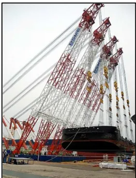 Fig.  1  An  example  of  lifting  a  heavy  cargo  by  parallel  connected  floating  cranes  in  Daewoo  Shipbuilding 