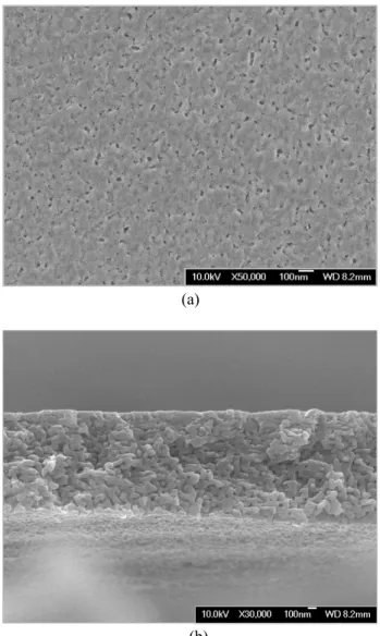 Fig. 8  FE-SEM images of the vanadium oxide film : (a)  in-plane and (b) cross-sectional microstructure 