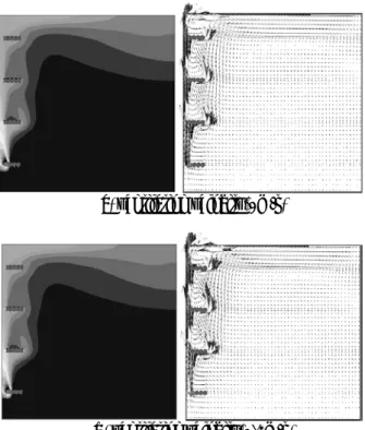 Fig. 7 Distributions of smoke and velocity vector in horizontal section at 180 seconds after ignition.
