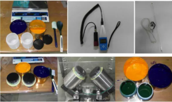 Fig. 10 Ink and devices for experiments    공전과  자전  모두  시스템의  최대속도인  800  rpm 으로  설정하여  교반을  실시하였다