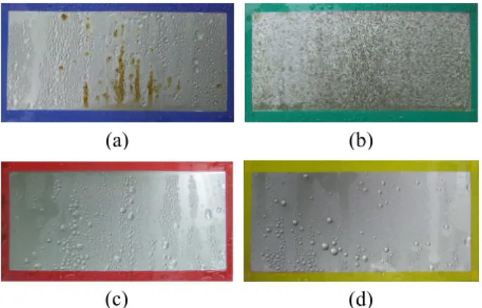 Fig. 4 Specimens after salt spray test in 7 hour. (a) S-700 coated specimen, (b) LR-0317 coated specimen, (c) LR-0727(1) coated specimen, (d) LR-0727(2) coated specimen