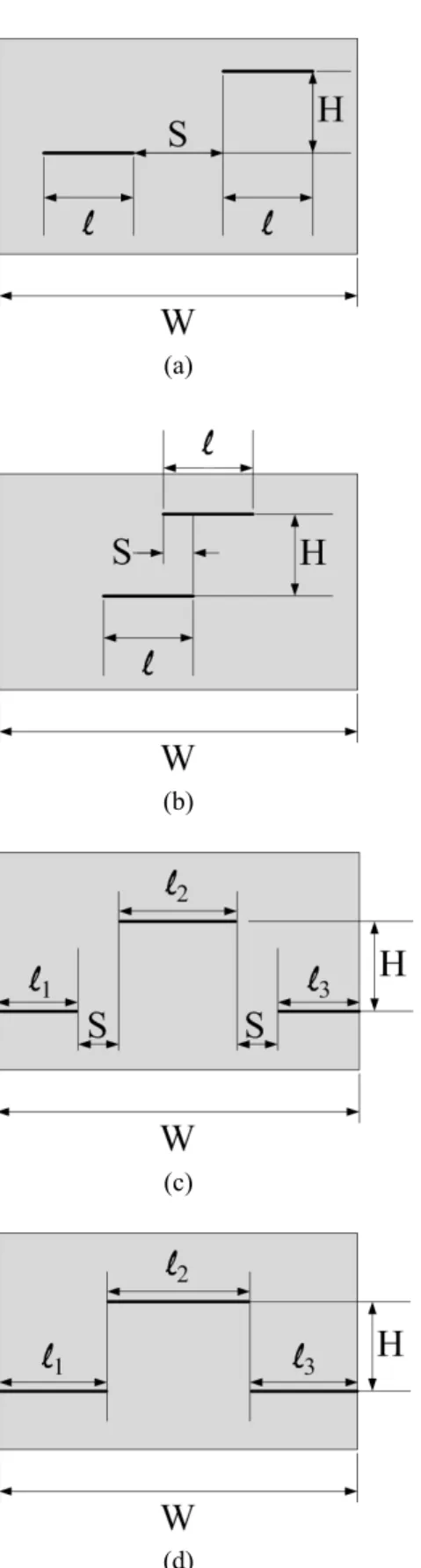 Fig.  4  Schematic  illustrations  of  through-wall  cracked  plates: (a) Twin offset type, (b) Twin  flaws-overlapped type, (c) Three flaws-offset type, and  (d) Three flaws-adjusted type 