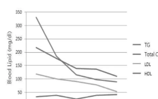 Figure  2.  Blood  lipid  measurement Ⅲ.  고    찰 1988년  Reaven이  인슐린저항성  및  고인슐린 혈증,  VLDL의  증가와  HDL의  감소,  impaired  glucose  tolerance  및  고혈압  등이  같이  동반되 어  나타나는  증후군을  Syndrome  X라고  명명하 였고,  Zimmet은  인슐린저항이  이들  질환의  공통 적 원인이라고 하여 이를 인슐린저항성 증후군이 라고 