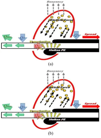 Fig. 12 Schematic of spreading flame for fixed (a) negative DC voltages, (b) positive DC voltages (Bulk Flow)이 생성되는 이온풍 효과에 대해서도 보고된 바가 있다