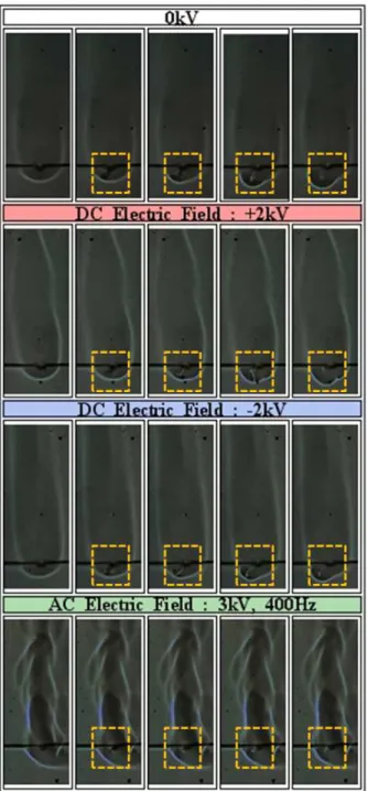 Fig. 13 Instantaneous images of wire flame for fixed exposure 근접해짐에 따라 연소된 전선에 접촉된 열전달 Q 3 가 증가하게 되어 전선을 따라 연소되지 않은 피복제와 화염 내부의 녹은 폴리에틸렌으로의 전 도 열전달 Q 2 가 증가하게 된다 
