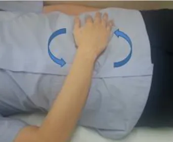 Fig. 6. Abdominal massage after coffee enema. 6) 커피 주입 삽입  후 빠르게  주입하게 되면 용변을  참기  어려워지므 로 서서히 커피액을 주입한다(주입 중 배가 불편하면 왼쪽  아랫배를 위쪽으로 쓰다듬고 불편감이 사라지면 다시 주입 함)