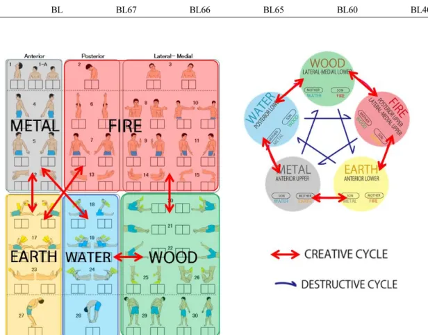 Fig. 6. The relationship of M-test and the five elements. Metal: upper limb anterior portion, Fire: upper limb lateral, medial &amp; 