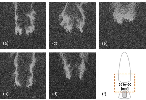 Fig. 8 Two types of flame structures in experimental cases, (a) and (b) for case 1, (c) and (d) for case 2, (e) for case 3: weak edge flames are (b) and (d), while premixed flame are (a), (c), (e)