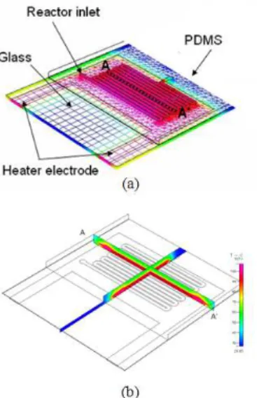 Fig. 3 (a) Schematic of integrated microbiochip and (b) simulated thermal profile of chip inner surface after 2sec