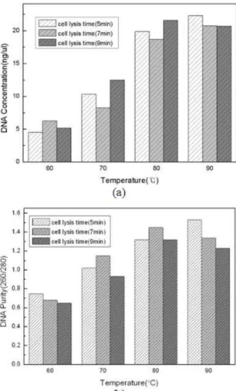 Fig. 6 Results of cell lysis and DNA purification in microbiochip: (a) DNA concentration, (b) DNA purity